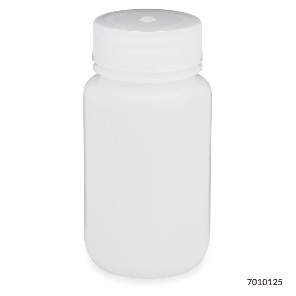 Globe Scientific Bottle, Wide Mouth, HDPE Bottle, Attached PP Screw Cap, 125mL, 12/Pack Image